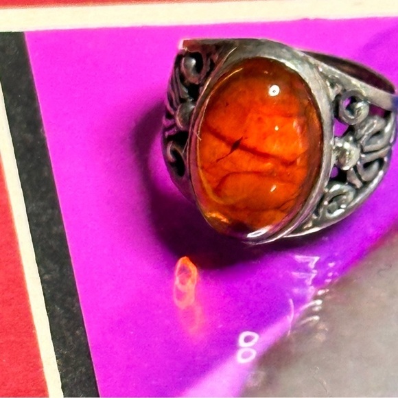 ZIV Amber Ring Sterling silver filigree cabochon Bezel set oval signed 6 5505 YA - Picture 4 of 15